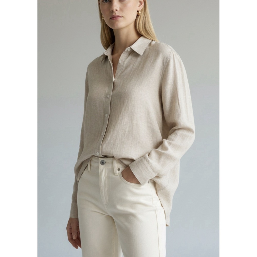 Quince European Linen ButtonUp Shirt M Flax Beige Quiet Luxury Minimalist Blouse
